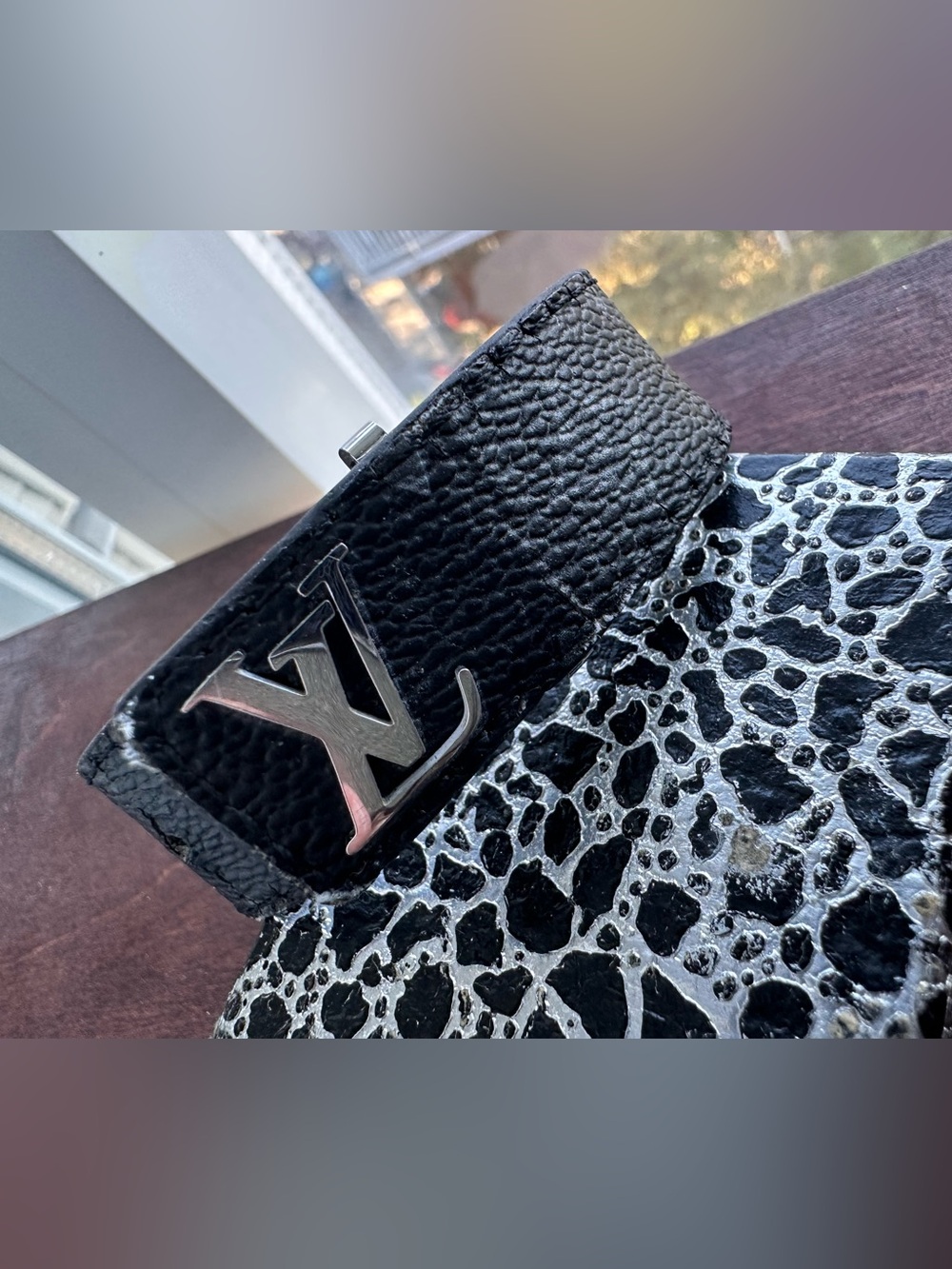 Black Textured Printed Leather Shoulder Bag with Silver LV Buckle